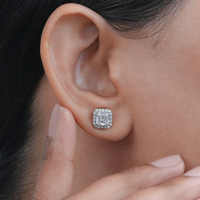 Asscher Lab Diamond Stud Halo Earrings