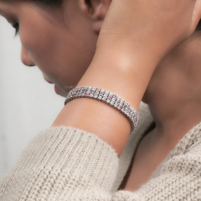 Fancy Pink Round Cut Three Row Lab Diamond Bracelet