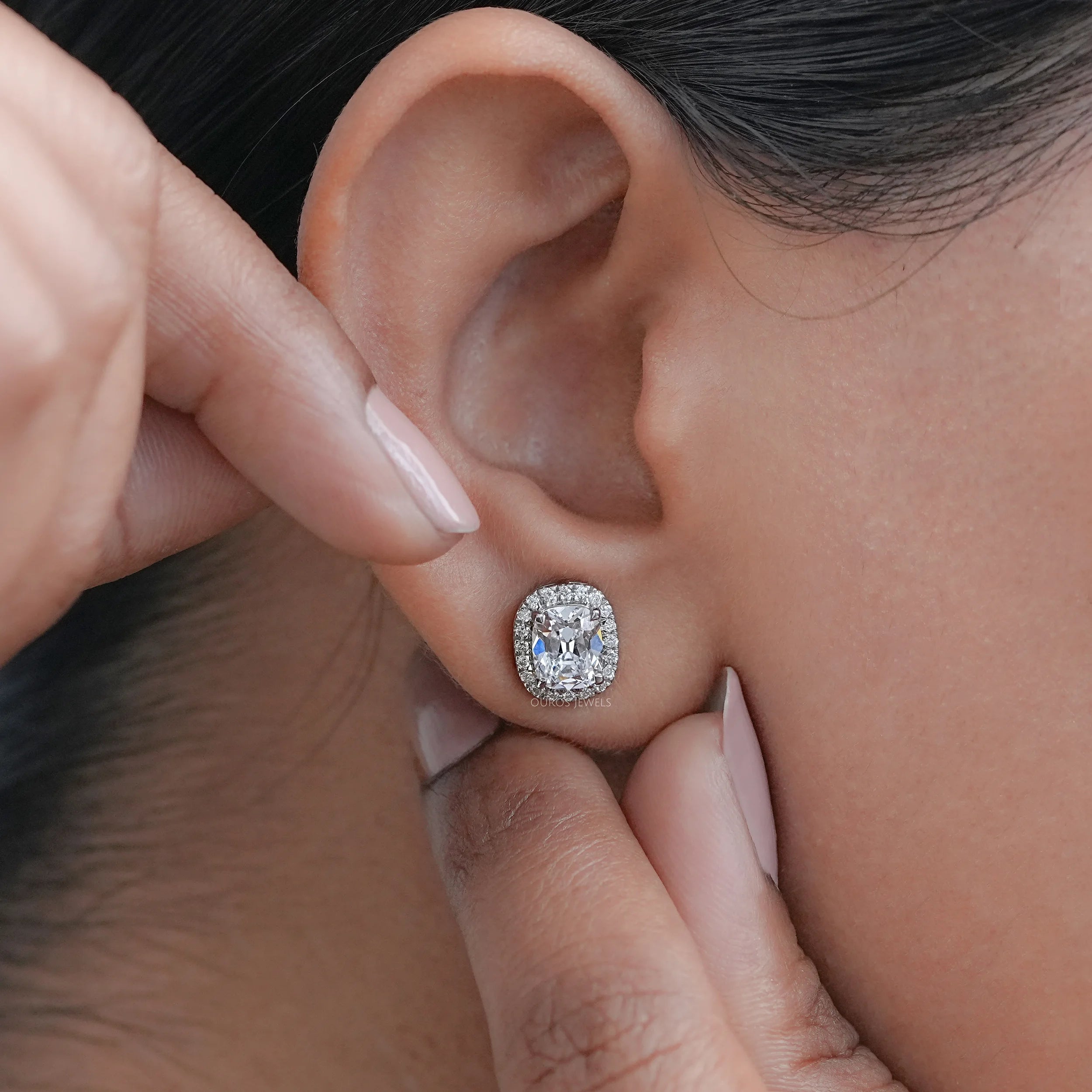 Old Mine Cushion Halo Diamond Ear Studs