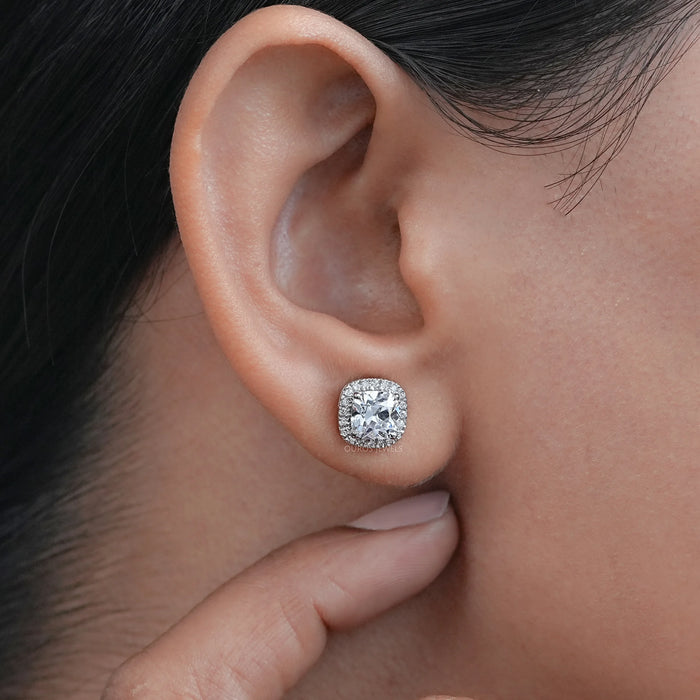 Square Cushion Diamond Halo Stud Earrings