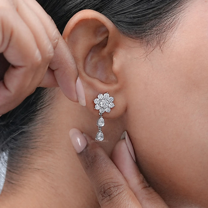 Round Diamond Halo Flower Cluster Earrings