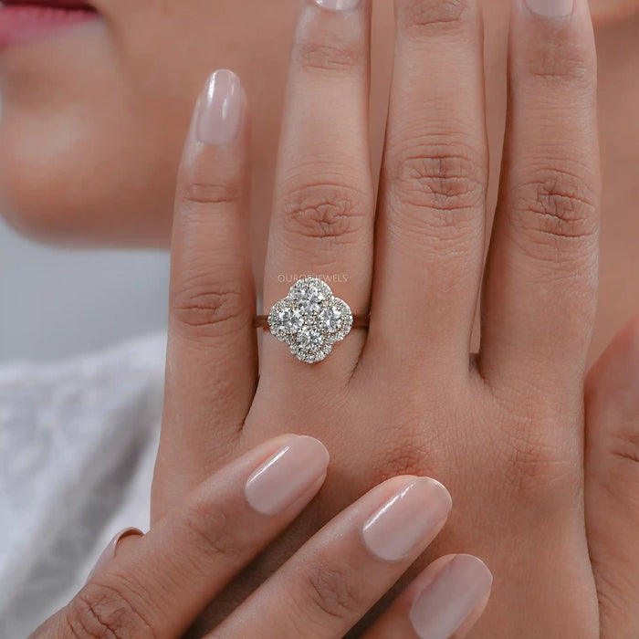 Round Diamond Clover Halo Ring for Engagement