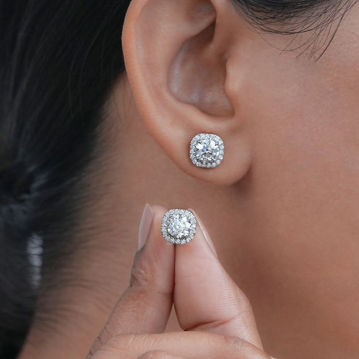 Old European Round Cut Stud Halo Earrings