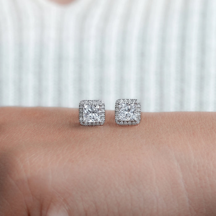 Princess Diamond Halo Stud Earrings