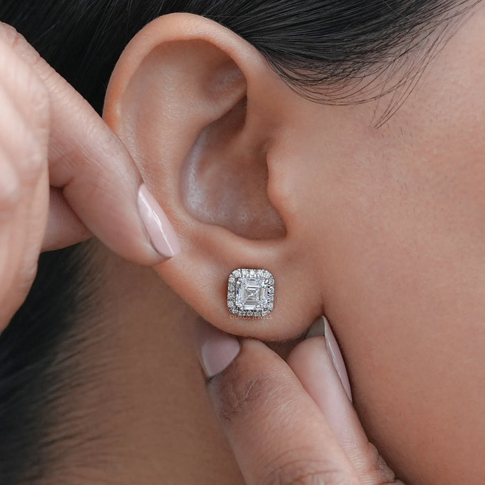 Asscher Lab Diamond Stud Halo Earrings