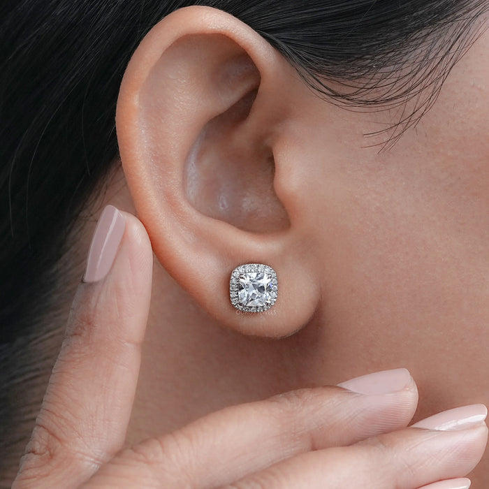 Square Cushion Diamond Halo Stud Earrings