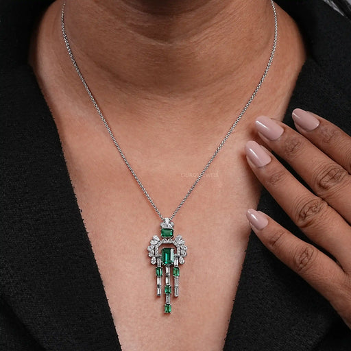 Green Emerald Gemstone and Cluster Diamond Pendant