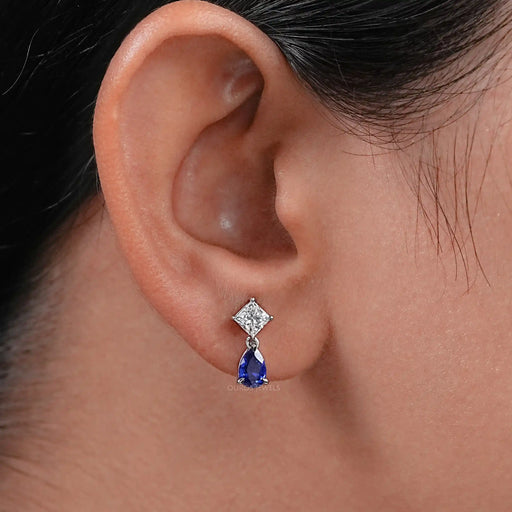 Pear Sapphire And Princess Diamond Two Stone Earring