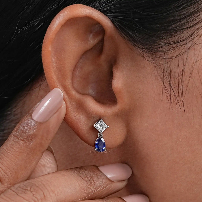 Pear Sapphire And Princess Diamond Two Stone Earring