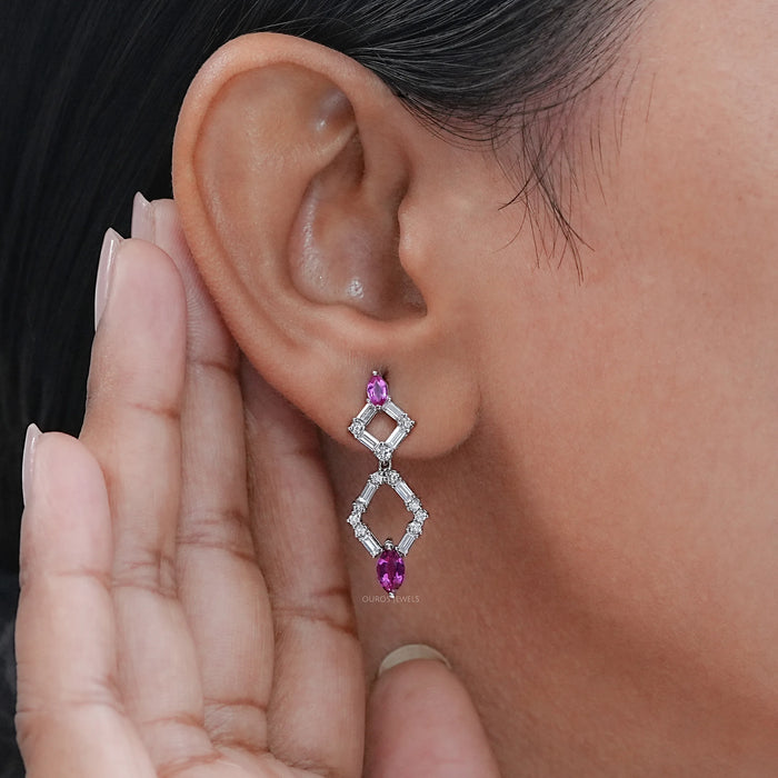 Pink Gemstone And Diamond Drop Dangle Earrings