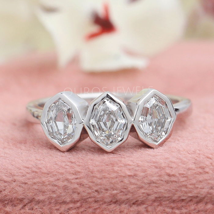 Three Stone Oval Diamond Bezel Set Ring