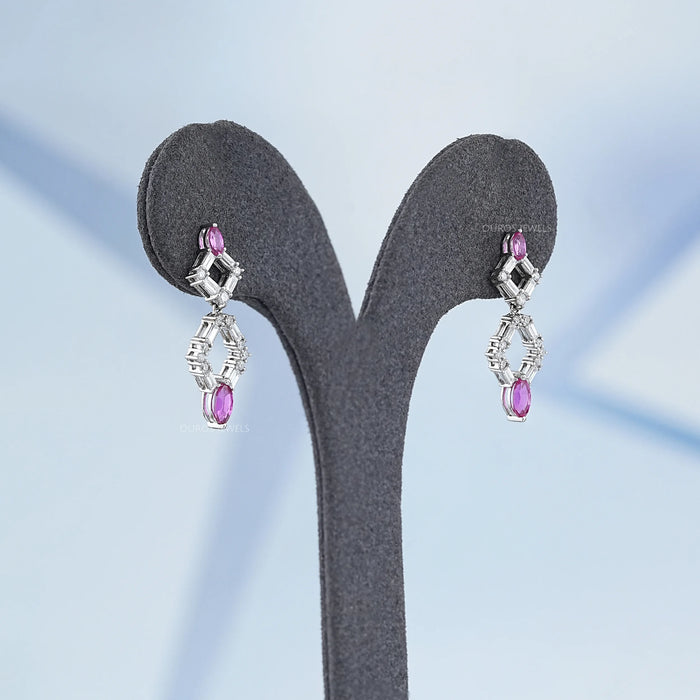 Pink Gemstone And Diamond Drop Dangle Earrings