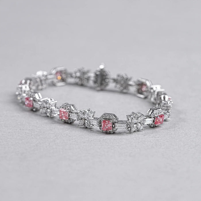 Flower And Pink Asscher Diamond Tennis Bracelet