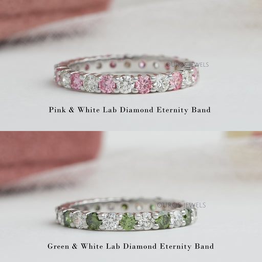 pink and green round diamond eternity wedding bands