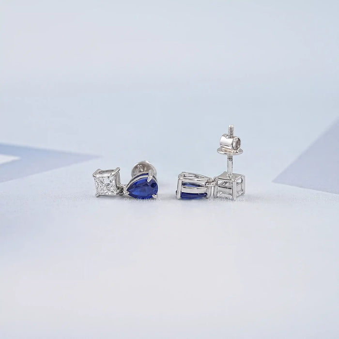 Pear Sapphire And Princess Diamond Two Stone Earring