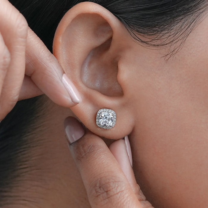 Square Cushion Diamond Halo Stud Earrings