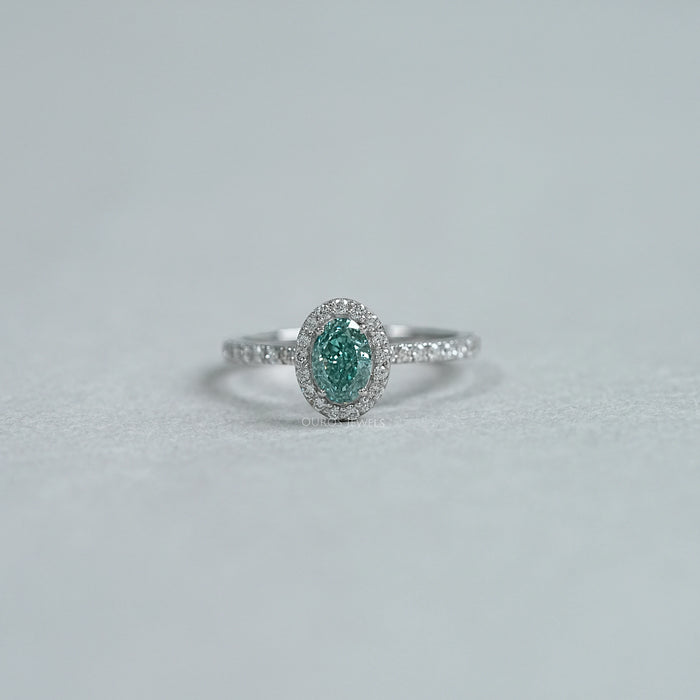 Fancy Vivid Green Oval  Cut Lab Diamond  Halo  Ring