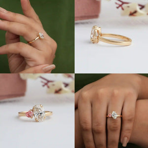 Pink heart shape and oval cut diamond ring in different view 