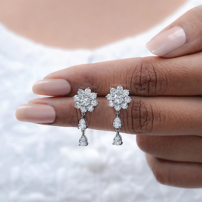 Round Diamond Halo Flower Cluster Earrings