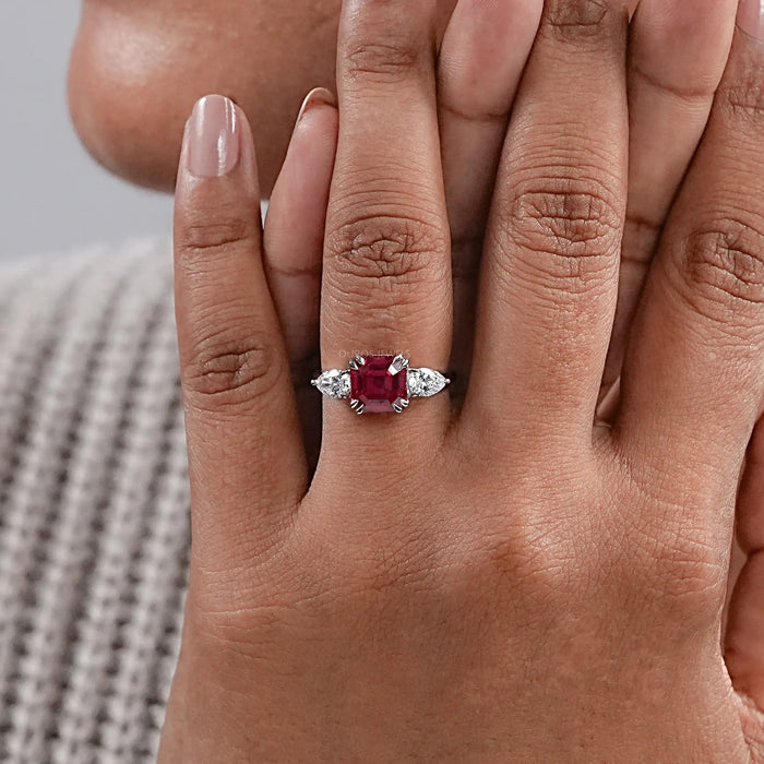 Ruby with Diamond Three Stone Ring