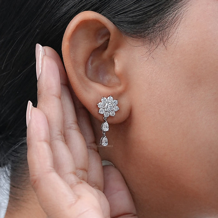 Round Diamond Halo Flower Cluster Earrings