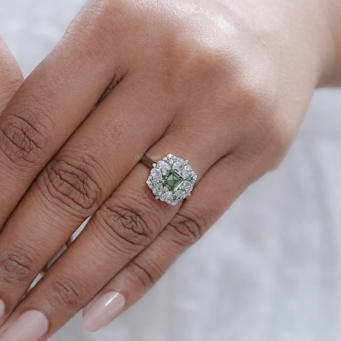 Asscher Cut Green Lab Diamond Cluster Engagement Ring