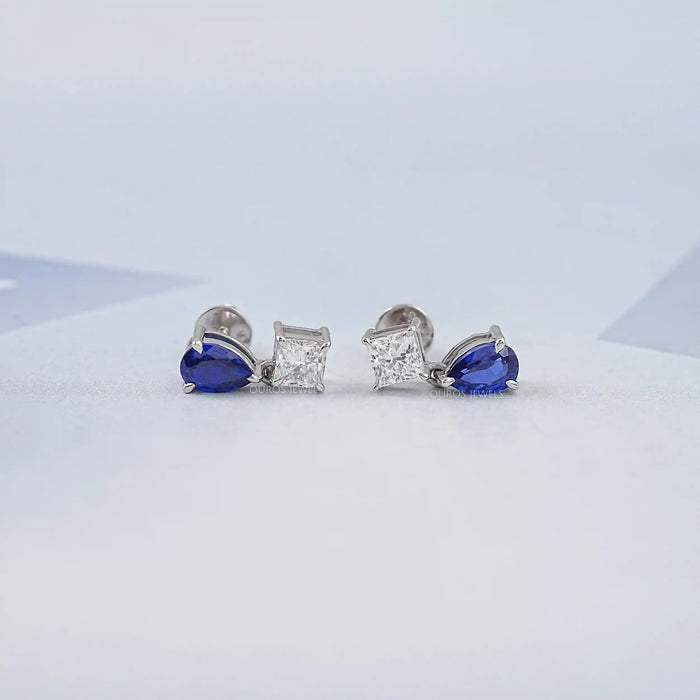 Pear Sapphire And Princess Diamond Two Stone Earring