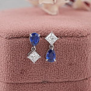 Pear Sapphire And Princess Diamond Two Stone Earring