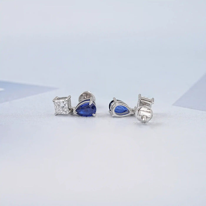 Pear Sapphire And Princess Diamond Two Stone Earring