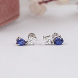 Pear Sapphire And Princess Diamond Two Stone Earring