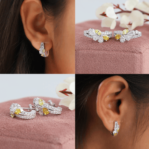 Yellow Pear And Round Cut Cluster Diamond Earrings