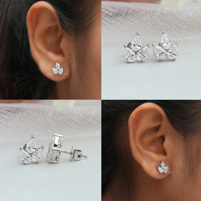 Three Stone Pear Cut Lab Diamond Earrings