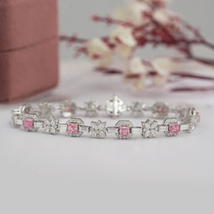 Flower And Pink Asscher Diamond Tennis Bracelet