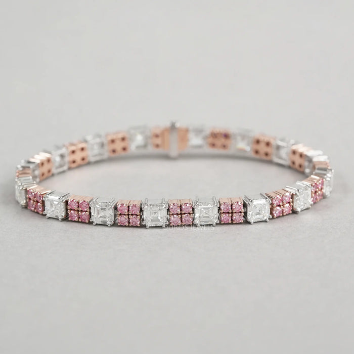 Asscher Cut Pink Round Lab Diamond Tennis Bracelet