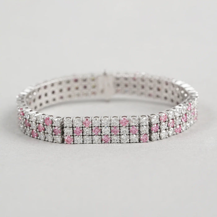 Fancy Pink Round Cut Three Row Lab Diamond Bracelet