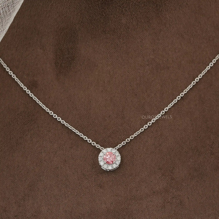 Pretty Pink Sapphire and Halo Diamond Pendant