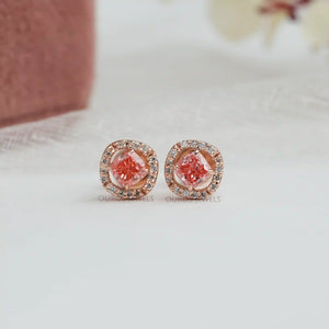 [Pink Cushion Cut Halo Earrings]-[Ouros Jewels]