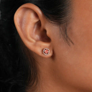 [A Women wearing Pink Cushion Cut Halo Stud Earrings]-[Ouros Jewels]