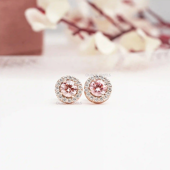 [Pink Round Cut Halo Stud Earrings]-[Ouros Jewels]