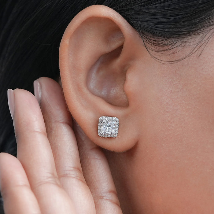 Princess Diamond Halo Stud Earrings