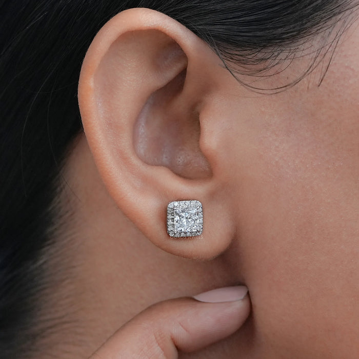 Princess Diamond Halo Stud Earrings