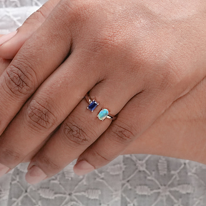 Opal and Emerald Sapphire Open Cuff Diamond Engagement Ring