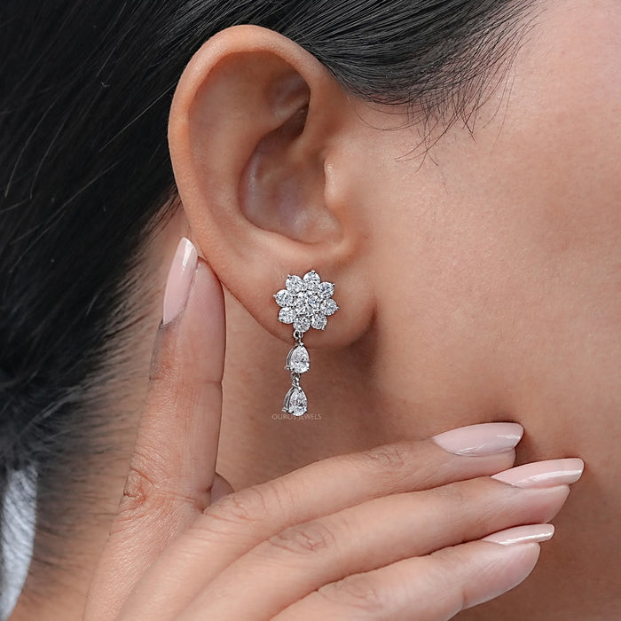 Round Diamond Halo Flower Cluster Earrings