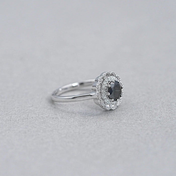 Double Halo Round Shape Black Diamond  Engagement  Ring