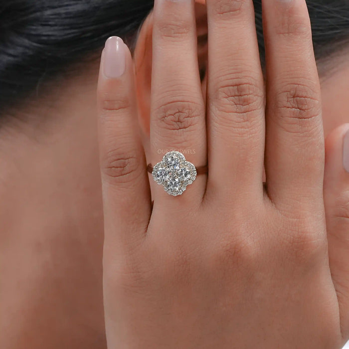 Round Diamond Clover Halo Ring for Engagement