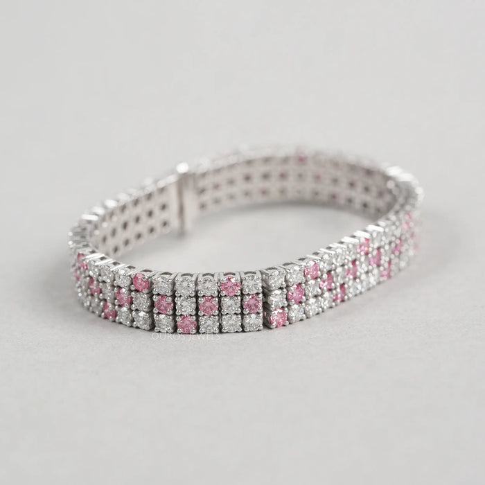 Fancy Pink Round Cut Three Row Lab Diamond Bracelet