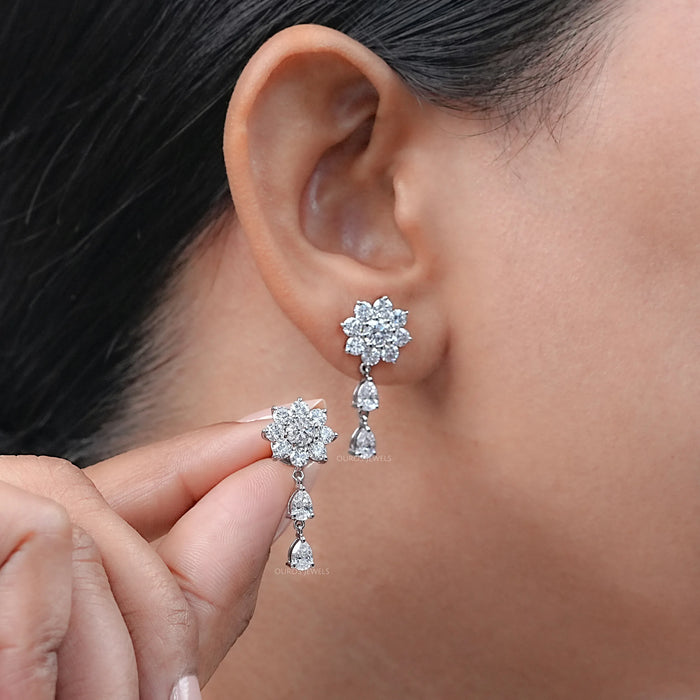 Round Diamond Halo Flower Cluster Earrings