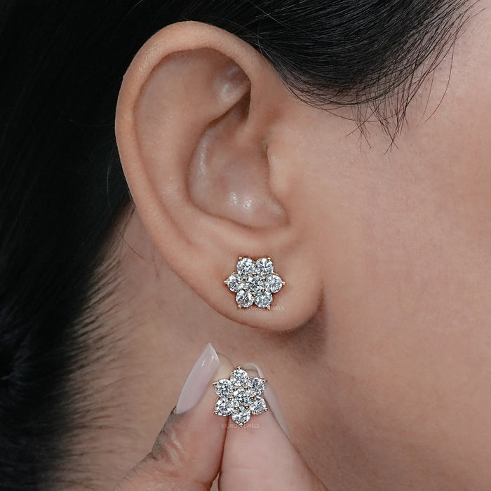 Round Diamond Floral Stud Earrings 