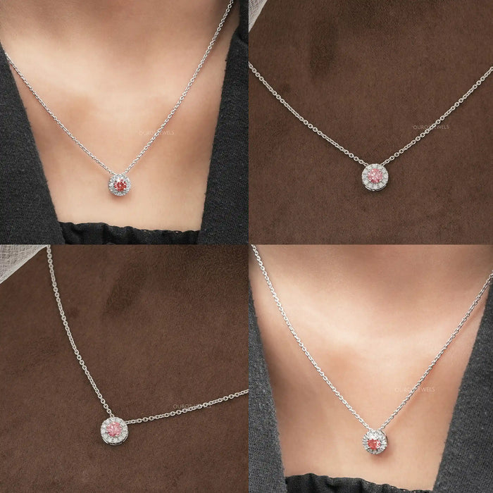 Pretty Pink Sapphire and Halo Diamond Pendant