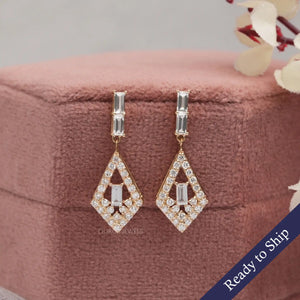 [Round and Baguette Cut Diamond Earrings]-[Ouros Jewels]